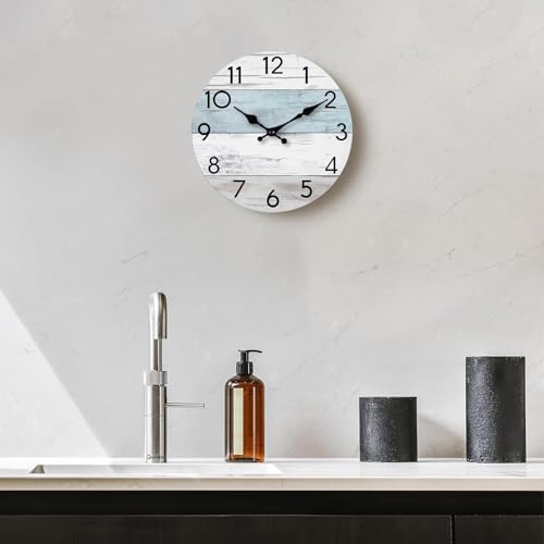 KECYET 12 Inch Wall Clock, Silent Battery Operated Analog Clock, Blue White | Beach Style | Coastal Decorative | Kitchen | Bathroom | Bedroom | Living Room | Pool | House