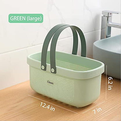 Plastic Storage Basket with Handle Portable Shower Caddy Tote Organizer Basket Bin for Bathroom Kitchen Dorm Room Bedroom, Green | Sturdy Drainage Large Capacity Organizer Basket with Silicone Handles for Bathroom Kitchen Bedroom College Dorm Essentials