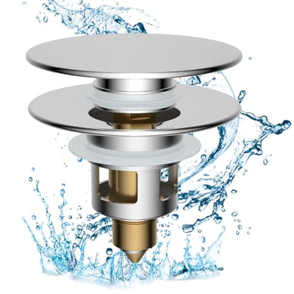 Hibbent All Metal 2 in 1 Bathroom Sink Stopper, Universal Pop Up Drain Strainer, Brass Bullet Core Push Type Sink Stopper for 1.1''~2.3'' Basin, Big Push Button, Anti Clogging Drain Filter, Chrome