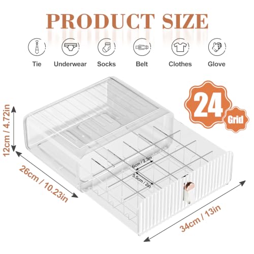Sock Underwear Drawer Organizer - 24 Compartment Clear Acrylic Storage Bins with Removable Dividers for Closet, Stackable Dresser Drawer Box for No-Mess Socks, Tiers, Baby Clothes, Belt, Tea Bag