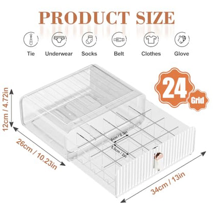 Sock Underwear Drawer Organizer - 24 Compartment Clear Acrylic Storage Bins with Removable Dividers for Closet, Stackable Dresser Drawer Box for No-Mess Socks, Tiers, Baby Clothes, Belt, Tea Bag