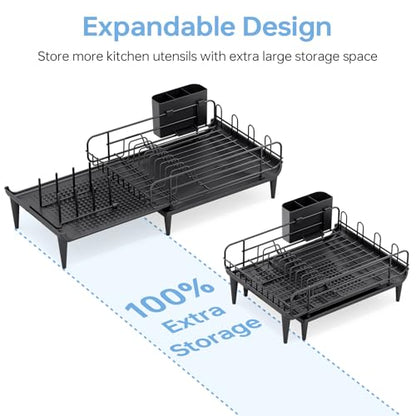 TOOLF Lagre Dish Drying Rack, Expandable Sink Dish Drainer, Black | Extendable 16.7" to 26.8", Stainless steel, Rust-proof, Fits Kitchen counter, Fast Drainage, Cutlery Holder, Space-Saving