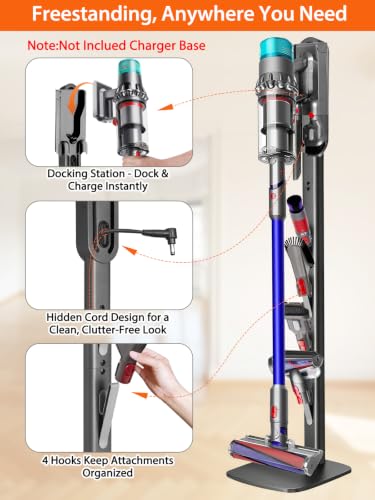 Vacuum Stand for Dyson Gen5 V16 V15 V12 V11 V10 V8 V7 V6 | Dyson Exclusive, No Drilling, Metal Construction, 4 Hooks, Hidden Cord Design, Vacuum Accessory Organization, Dark Gray