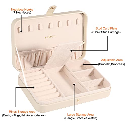 LANDICI Small Jewelry Box for Women Girls, PU Leather Travel Jewelry Case, Portable Jewelry Organizer Storage Holder Display for Ring Earrings Necklace Bracelet Brooch Men Kids Gift, Apricot