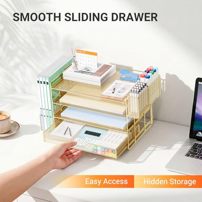 Desk Organizers and Accessories, 4-Tier Desktop File Organizer with Drawer and Pen Holders, Office Desk Accessories Workspace Organizers for Office Supplies (Gold)