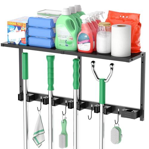 Broom and Mop Wall Mount with Shelf, Laundry Room... (Black | Metal)