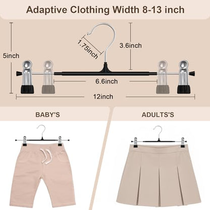 POZEAN Pants Hangers with Clips for Women 30 Pack, 12Inch Adjustable Heavy Duty Skirt Hangers, Space Saving Non-Slip Shorts Jeans Trousers Clothes Hangers, Black