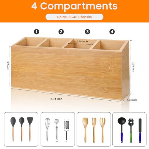 Wingsife Utensils Holder with 4 Compartments, Bamb... (Classic | Bamboo)