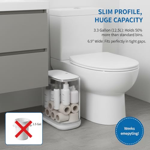 Dog Proof 3.3 Gal Slim Bathroom Trash Can with Locking Lid, Fits 4 Gal Bags | Removable inner bucket, 6.9 in slim width, modern white finish, compact profile for bathrooms and bedrooms
