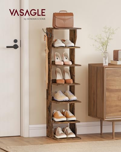 VASAGLE 7-Tier Vertical Shoe Rack, Narrow Shoe Storage Organizer with Hooks, Slim Corner Tower Shelf, Space-Saving for Entryway and Bedroom, Rustic Brown ULBS200KD01