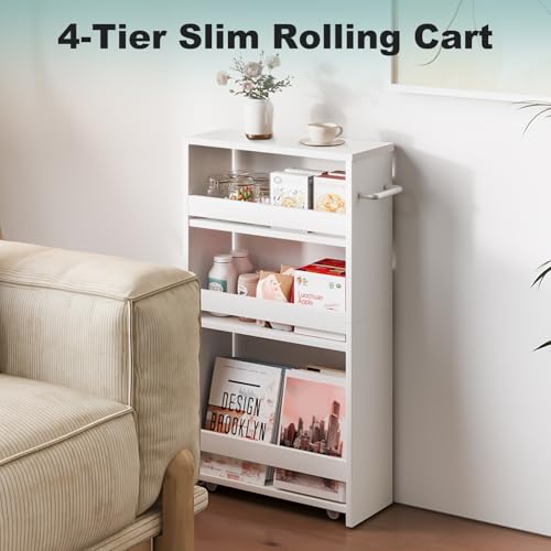 Slim Rolling Storage Cart, 4 Tier Utility Cart with Wheels, White | Laundry Room Organization, 5.5" Wide, Wood Kitchen Cart with Handle, Trolley for Kitchen Bathroom Narrow Place Small Corner