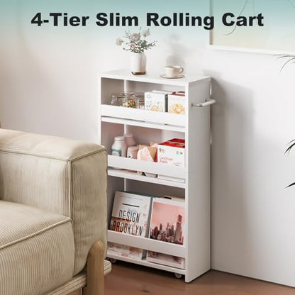 Slim Rolling Storage Cart, 4 Tier Utility Cart with Wheels, White | Laundry Room Organization, 5.5" Wide, Wood Kitchen Cart with Handle, Trolley for Kitchen Bathroom Narrow Place Small Corner