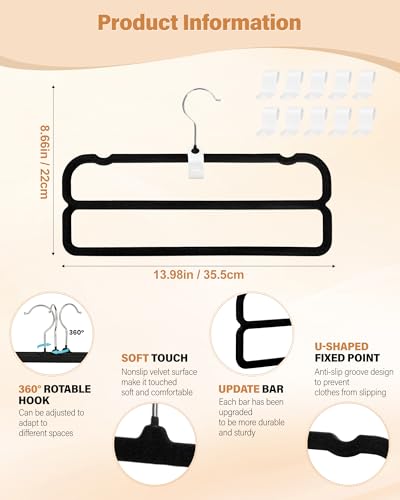 10 Pack Velvet Pants Hangers Space Saving, Non Slip 2-Layer Hanger (Black) | Heavy Duty Flocked Trouser Hangers,pants organizer for closet with Swivel Hook, Felt Jean Hangers for Women and Men