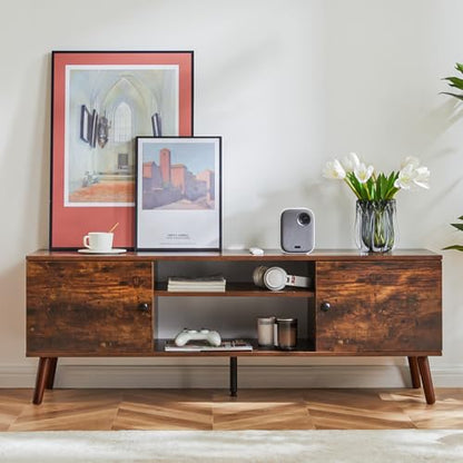Sweetcrispy TV Stand for 55 60 inch TV, Modern Mid Century Entertainment Center with Storage, Media Console Table 2 Cabinet, Soft Hinge, Handle Door, Wooden Living Room, Office Furniture, Rustic Brown