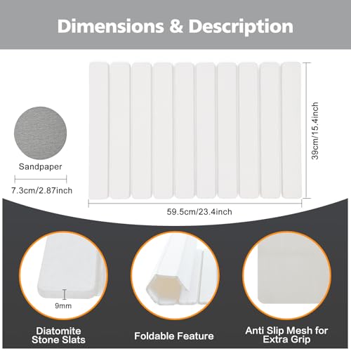 Foldable Stone Bath Mat, Non-Slip Diatomaceous Earth Mat, Super Absorbent Quick Drying Bath Stone Mat, Luxury Bath mat for Bathroom Kitchen Bathtub, 23.4 * 15.4" White