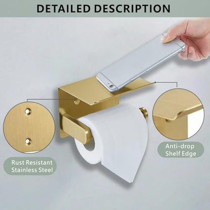 Toilet Paper Holder with Shelf, Heavy-Duty Stainless Steel Bathroom Hardware, Self-Adhesive No-Drill/Drill-Mount Wall-Mounted Roll Holder, Rust-Proof Bathroom Tissue Rack (Gold)