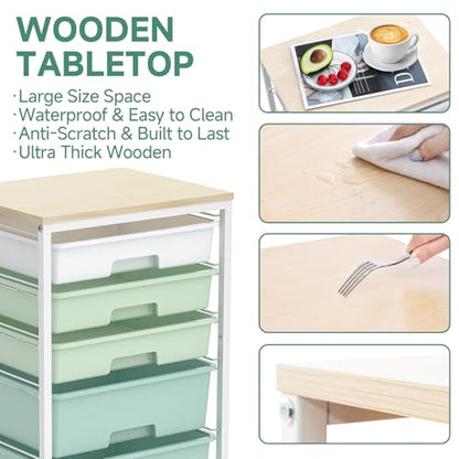 Rolling Cart with Drawers,5 Drawers Storage Cart,Light Green | 5-Tiers Utility Cart with Drawers with Lockable Wheels for Craft Organizers and Storage,Home Office,Classroom,Dorm,Playroom