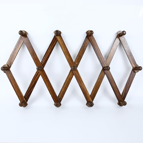 AMAPON Accordion Wall Hanger Expandable Coat Hat Rack 13 Peg Hook (Walnut) | Hang Hats Jackets Coffee Mug Purses Necklaces Towels Cap Leash Scarves Data Line Kitchenware