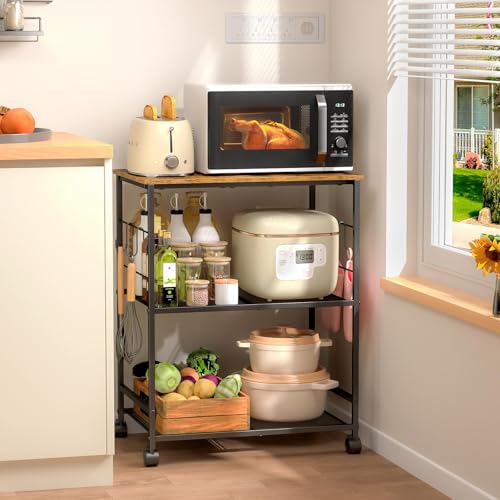 Rolling Kitchen Microwave Cart, 3 Tier Microwave T... (Brown | Metal, Wood)