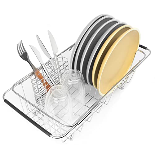 Sink Dish Drainer Rack, Expandable Stainless Steel Dish Drying Rack | 304 Stainless Steel Sink Rack with Utensil Holder, Adjustable 14.96"-20.59", Fits Inside Sink, Holds Up to 7 Upright Utensils