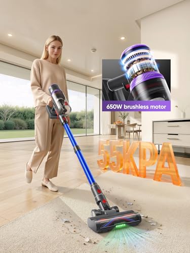 SMOTURE Cordless Vacuum Cleaner, Upgraded 650W 55KPA 70Mins Vacuum Cleaner for Home, Pet Brush&3.3Ft Hose, Self-Stand, Auto Mode,Touchscreen, Anti-tangle Vacuum, Stick Vacuum for Pet Hair/Carpet/Floor
