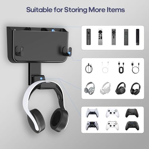 Adhesive Remote Control Holder Wall Mount with Headset Hanger, 3 in 1 Organizer TV/Fan Remote Caddy with Hook for Headphone, No Drill Controller Storage Bracket, Bed Wall Rack