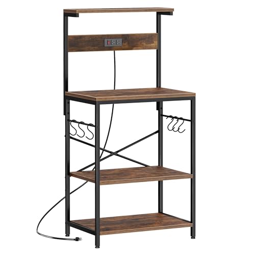 Kitchen Bakers Rack with Power Outlet, Coffee Bar... (Rustic Brown | Alloy Steel)