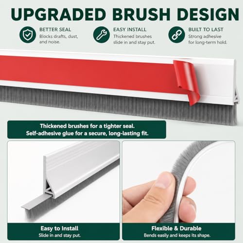 Door Draft Stopper with Brush, 39" Door Sweep for Bottom of Door, Self Adhesive Weather Stripping for Bottom of Door, Under Door Seal Dust/Noise/Hot or Cold Air Insulation, White, 1 Pack