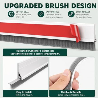 Door Draft Stopper with Brush, 39" Door Sweep for Bottom of Door, Self Adhesive Weather Stripping for Bottom of Door, Under Door Seal Dust/Noise/Hot or Cold Air Insulation, White, 1 Pack