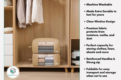 2 Pack Clothing Storage Bags Clothes Organizer folding fabric bags for sweaters, clothing, garment, bedding, quilt, linens, large folding organizers with zip & window (2 Pack Beige)