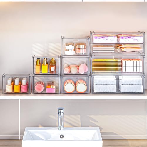 6-Pack Acrylic Stackable Storage Drawers for Vanity, Desk, Bath | 2 large & wide 13" drawers, Smooth-glide, stackable, clear body, dustproof, wipe clean, for makeup, pantry jars, under sink