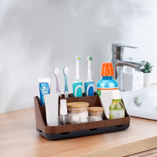 GFWARE Wood Toothbrush Holders for Bathroom Organizer with Drain Holes | Detachable 7 Slots Kid Electric Toothbrush and Toothpaste Holder, Bathroom Sink, Caddy, Tray, Vanity Storage Wood-Look, Brown