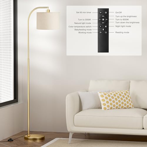 Arc Floor Lamp with Remote and Stepless Dimmable Bulb, Colors Temperature & Brightness Adjustable, Gold Floor Lamps for Living Room（Deep Beige Shade & Gold Pole）