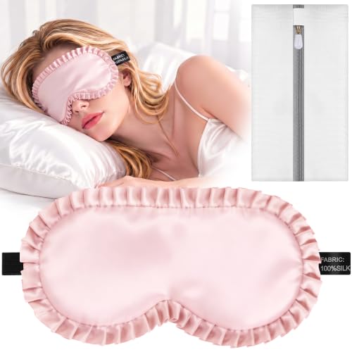 Silk Sleep Mask for Women, 100% Mulberry Silk Eye Sleeping Mask & Blindfold with Adjustable Strap, Ruffled Edge & Laundry Bag, Blackout Soft Eye Cover for Travel, Nap, Night Shift,Pink