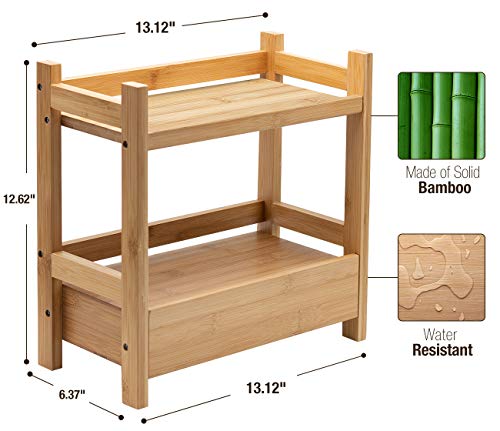 Sorbus 2-Tier Bamboo Countertop Shelf with Hidden Drawer for Vanity, Matcha Shelf, Bathroom Storage Cabinet, Under Sink Organizer, Bathroom Storage, Matcha Station Shelf (13″ L x 6.5″ W x 12.6″ H)