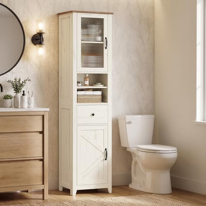 VASAGLE LIRY Collection -Tall Bathroom Cabinet, Farmhouse Freestanding Storage Cupboard with Drawer and Doors, Narrow Space Saver, 15.7 x 12.4 x 67.3 inch, Rustic White and Honey Brown, UBBK760W101S