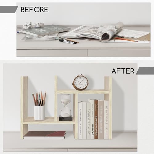 Jerry & Maggie Desktop Organizer Office Storage Rack Adjustable Wood Display Shelf Free Style Double H, Multi-Functional Mini Bookshelf for Desk Natural Stand (White Wood Tone)