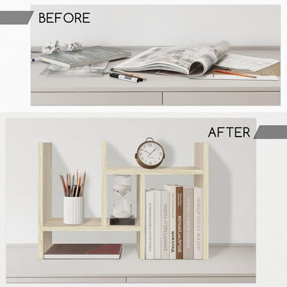 Jerry & Maggie Desktop Organizer Office Storage Rack Adjustable Wood Display Shelf Free Style Double H, Multi-Functional Mini Bookshelf for Desk Natural Stand (White Wood Tone)