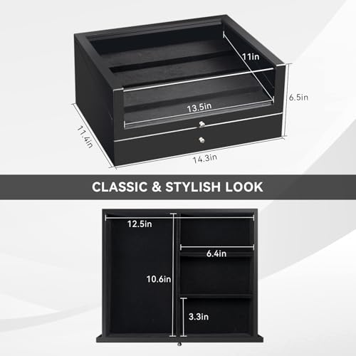 Sunglass Organizer for 14 Pairs, Large Wooden Sunglasses Display Case with Clear Lid & Drawer, Dustproof Glasses Storage Organizer for Men Women Countertop (Black)