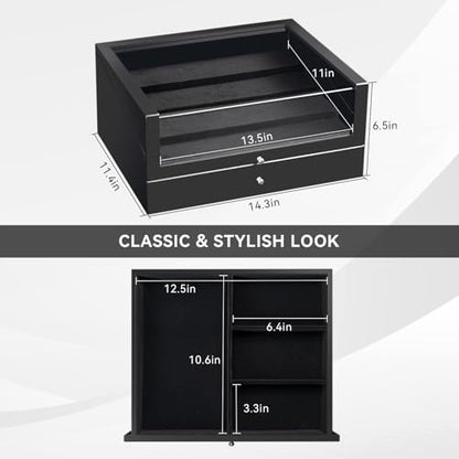 Sunglass Organizer for 14 Pairs, Large Wooden Sunglasses Display Case with Clear Lid & Drawer, Dustproof Glasses Storage Organizer for Men Women Countertop (Black)