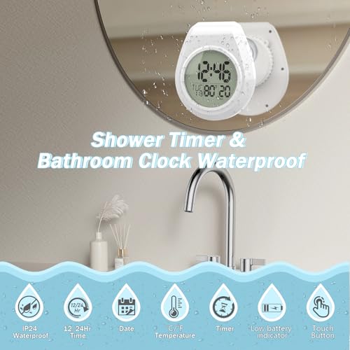Shower Clock Timer Waterproof, Digital Bathroom Wall Clock with Temperature | w/Date, Suction Cup, for Mirror, Bath, Kitchen, Battery Operated, White