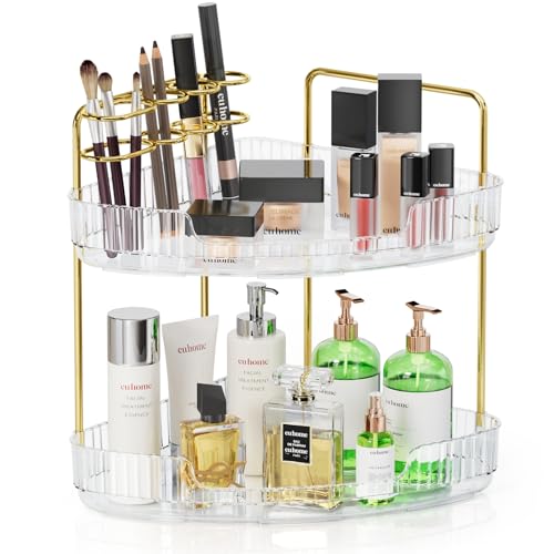 2-Tier Corner Bathroom Organizer Counter - Acrylic Makeup Skincare Organizer with Brush Holder, Perfume Tray for Countertop, Vanity, Dresser, Kitchen（Clear）