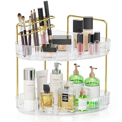 2-Tier Corner Bathroom Organizer Counter - Acrylic Makeup Skincare Organizer with Brush Holder, Perfume Tray for Countertop, Vanity, Dresser, Kitchen（Clear）