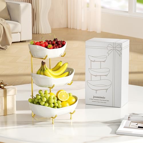 Ceramic 3 Tier Fruit Bowl, Fruit Basket for Kitchen Counter, Gold | Space-saving countertop fruit holder for vegetables, snacks, bread, candy, nuts, cakes and desserts; dishwasher-safe ceramic