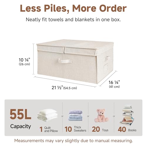 StorageWorks Extra Large Storage Bins with Lids, 55L Decorative Organizer with Divider Board, Fabric Boxes with Handles, Khaki and Beige Stripes, 2-Pack