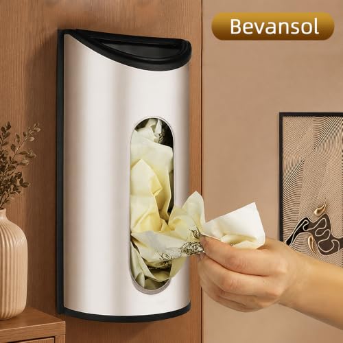 Grocery Plastic Bag Holder for Kitchen Trash Bag, Easy Wall Mount Bag Saver, Bevansol Storage Dispenser Medium, Smudge Proof with Extra Wide Access Openings, Stainless Steel (Sliver)
