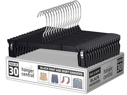 12 inch 30 Pack Pants Hangers Slim Plastic Clothes Hangers with Clips for Skirts, Shorts & Trousers – Non Slip Grip, Heavy Duty Space Saver with Swivel Hook – Black Closet Organizer