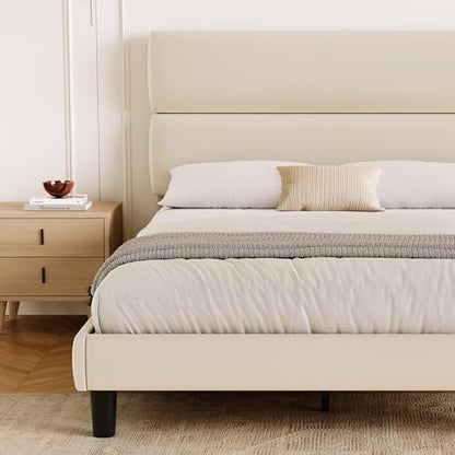 Queen Size Platform Bed Frame with Velvet Headboard, Adjustable Height Wooden Slats Support, Upholstered Mattress Foundation, Fits Mattress or Mattress with Box Spring, Easy Assembly, Beige