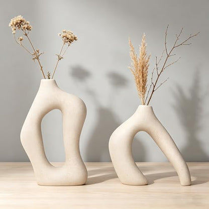 White Ceramic Decorative Vases Set of 2, Nordic Minimalist Modern Vases for Table, Wedding, Living Room, Bedroom, Office Home Decoration