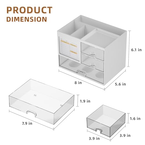 Marbrasse Desk Organizer with 3 Drawer, Multi-Functional Pencil Pen Holder for Desk, Desk Organizers and Accessories with 4 Compartments, Desktop Organizer Storage for Office Home Art Supplies (White)